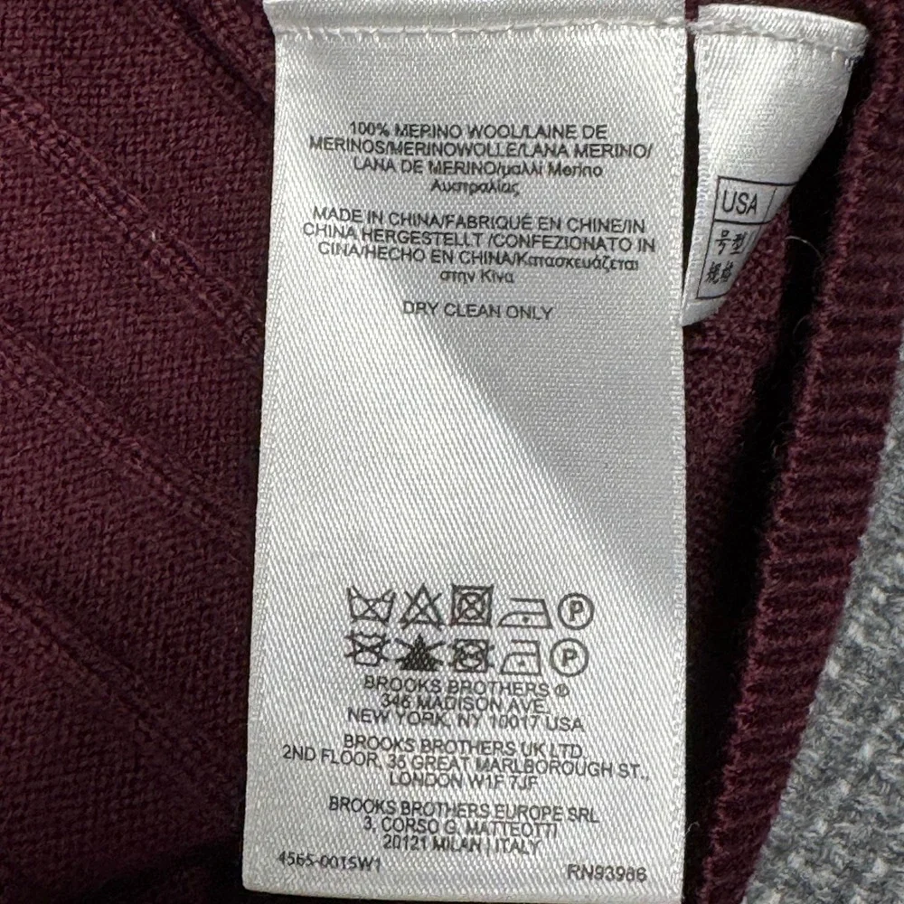 Brooks Brothers Mens Burgundy 100% Merino Wool Ribbed Quarter Zip Sweater Vest L